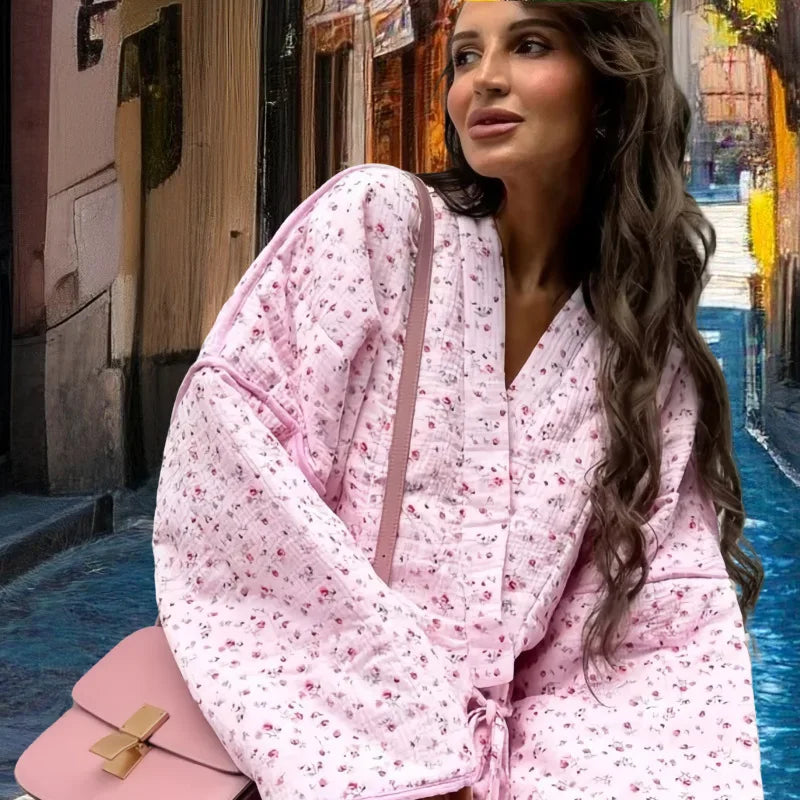 EtherealBe pink floral cotton jacket for women with elegant sleeves and stylish design