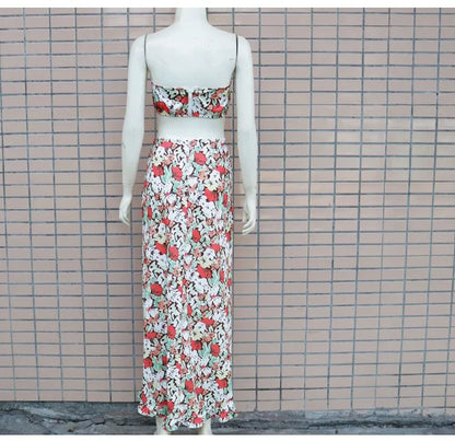 Back view of EtherealBe pleated ruffle edge dress set in floral pattern with spaghetti straps