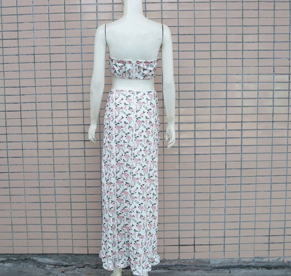 EtherealBe pleated ruffle edge dress set featuring a crop top and long floral skirt