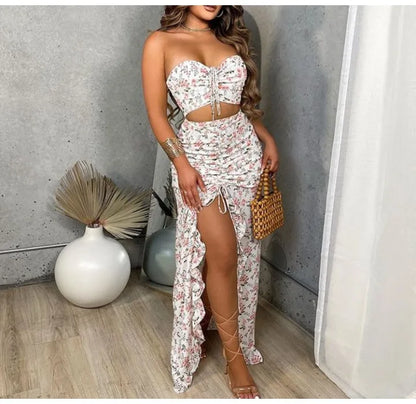 EtherealBe pleated ruffle edge dress set featuring a floral design and high slit skirt