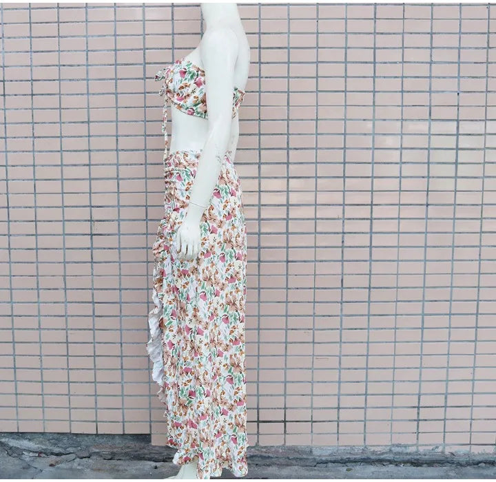 EtherealBe pleated ruffle edge dress set in floral print showcasing a stylish summer look