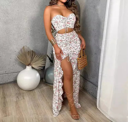 EtherealBe pleated ruffle edge dress set featuring a floral print and high slit design