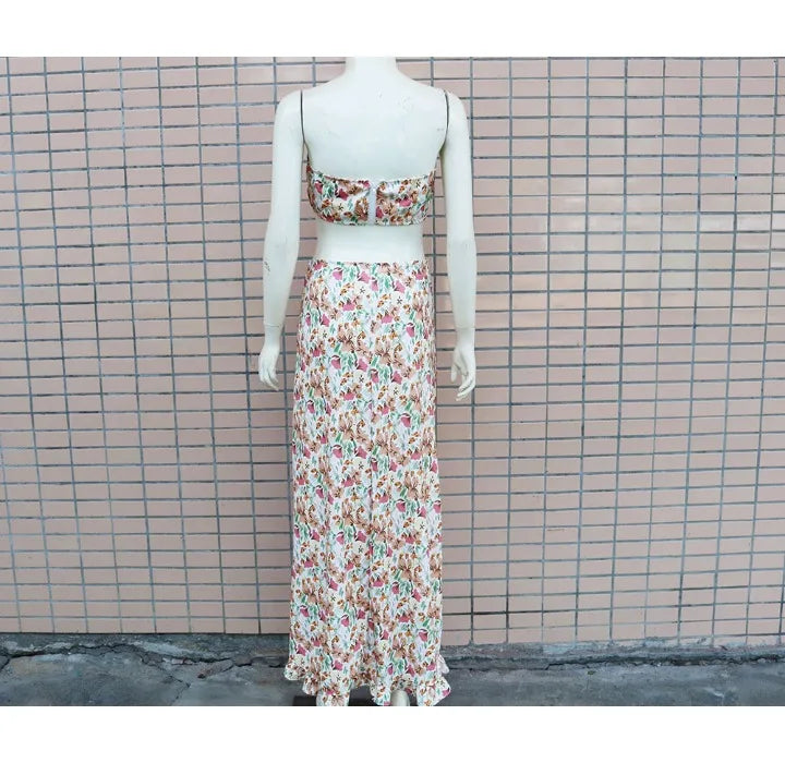 EtherealBe pleated ruffle edge dress set featuring a floral design with a chic cropped top and long skirt.