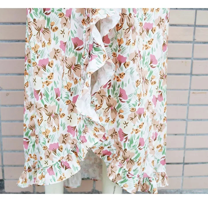 EtherealBe pleated ruffle edge dress set featuring a floral print and delicate ruffles for a stylish look