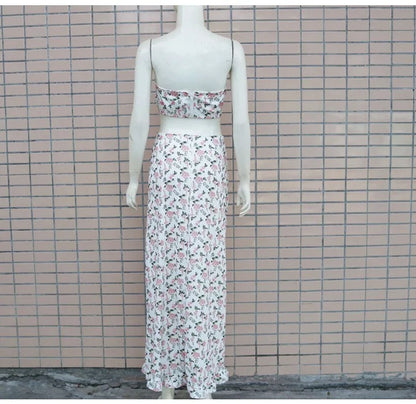 Back view of a stylish pleated ruffle edge dress set by EtherealBe in floral print