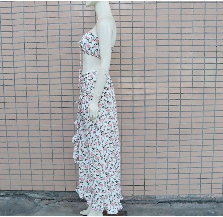 EtherealBe pleated ruffle edge dress set in floral print, featuring a crop top and long skirt