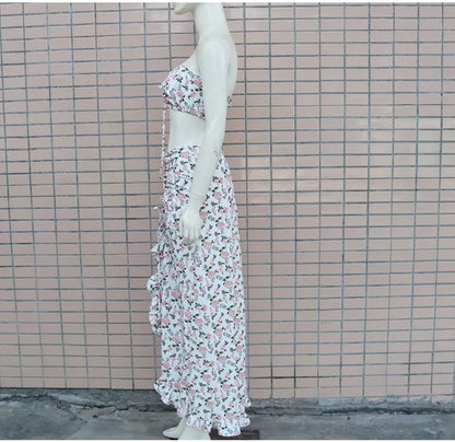EtherealBe pleated ruffle edge dress set in floral print, featuring a crop top and long skirt