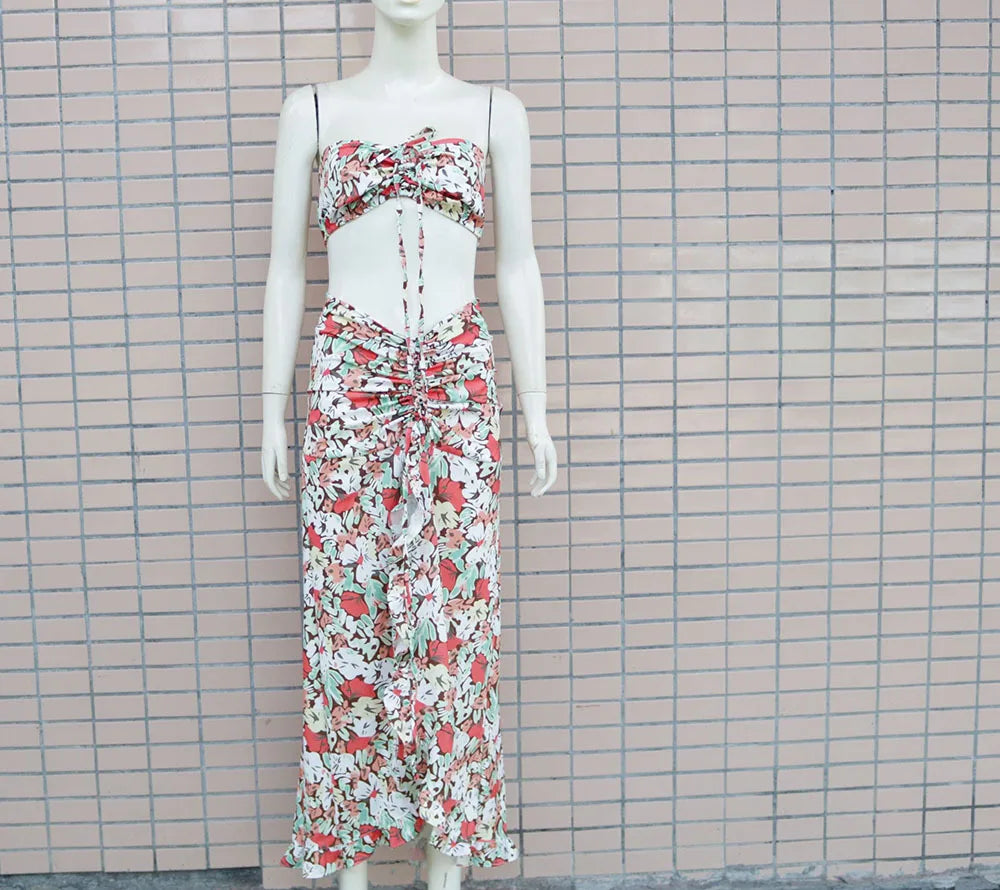 EtherealBe pleated ruffle edge dress set in floral design with matching cropped top and long skirt