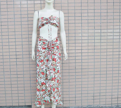 EtherealBe pleated ruffle edge dress set in floral design with matching cropped top and long skirt