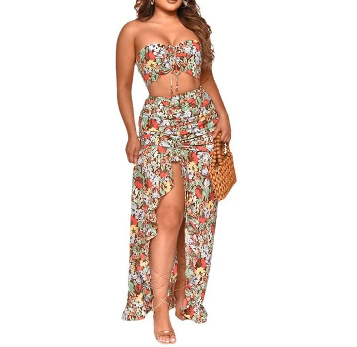 EtherealBe pleated ruffle edge dress set in floral print with a high slit and matching top