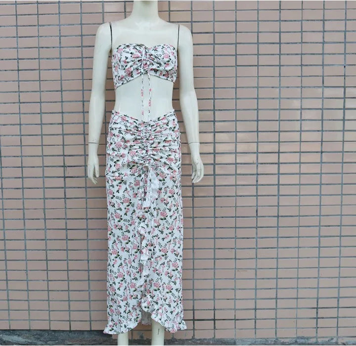 EtherealBe pleated ruffle edge dress set featuring a floral pattern and stylish crop top design