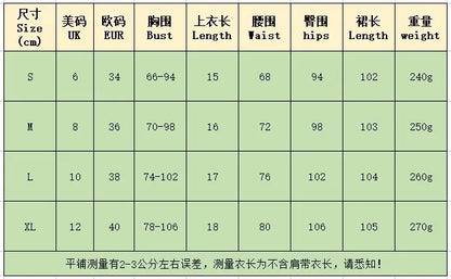 Size chart for EtherealBe pleated ruffle edge dress set with measurements for S, M, L, XL