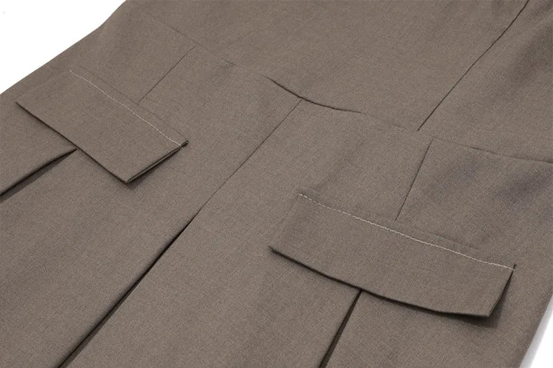 EtherealBe pleated skirt slim fit dress in brown with stylish pockets and tailored design