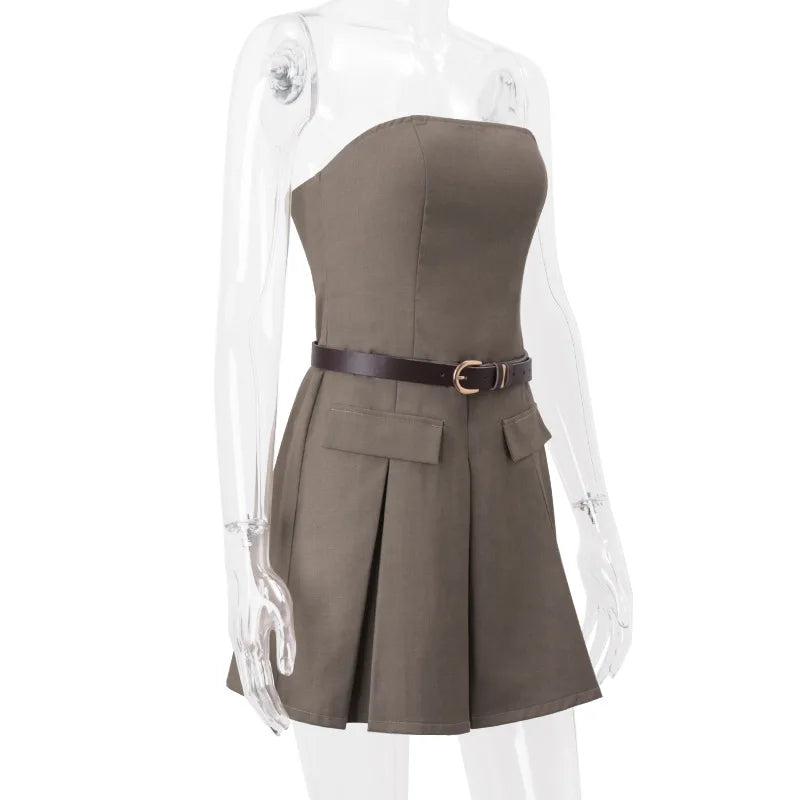 EtherealBe pleated skirt slim fit dress in olive green with a belted waist for a stylish silhouette