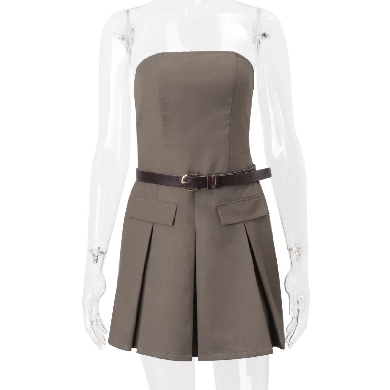 EtherealBe Strapless Pleated Skirt Slim Fit Dress with Adjustable Belt and Pockets