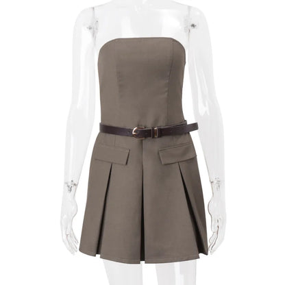EtherealBe Strapless Pleated Skirt Slim Fit Dress with Adjustable Belt and Pockets