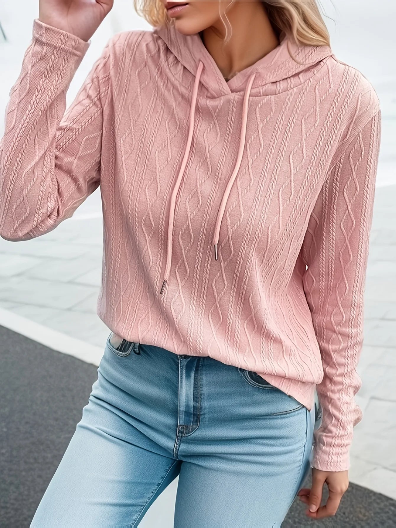 EtherealBe plus size casual sweater for women in soft pink with a cozy hood and textured design