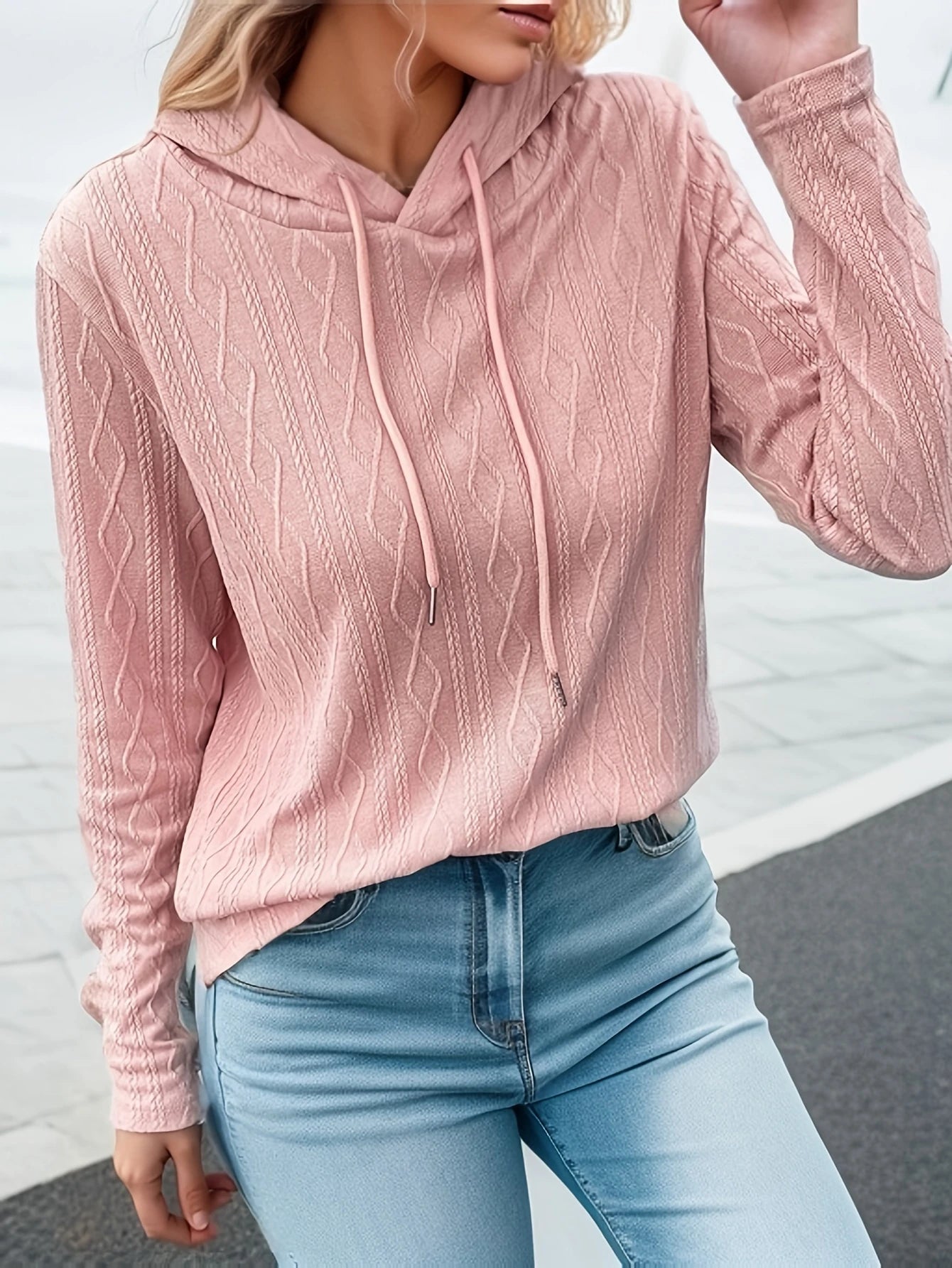 EtherealBe plus size casual sweater for women in light pink with a hood and textured pattern