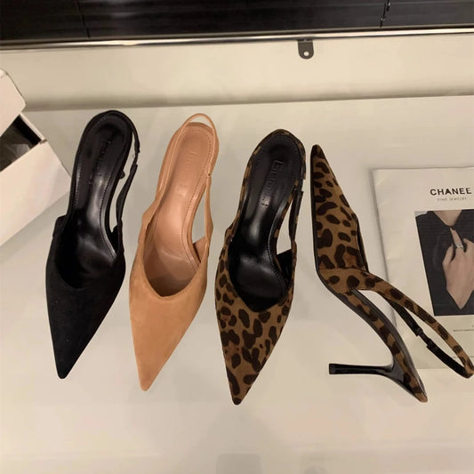 Pointed toe slingback pumps for women in black, beige, and leopard print styles