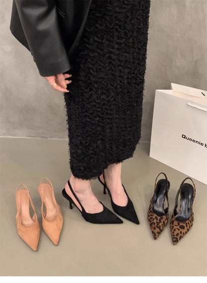 Pointed toe slingback pumps for women in black, beige, and leopard print styles, displayed on a stylish floor.