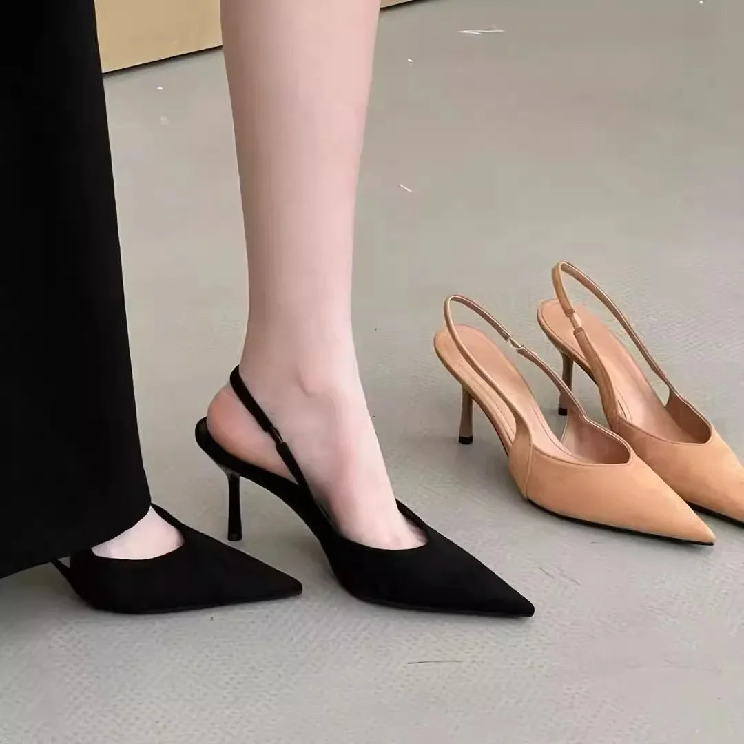 Stylish pointed toe slingback pumps for women in black and nude colors, perfect for versatile outfits