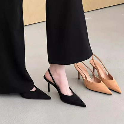 Elegant pointed toe slingback pumps for women in black and tan colors, perfect for any occasion