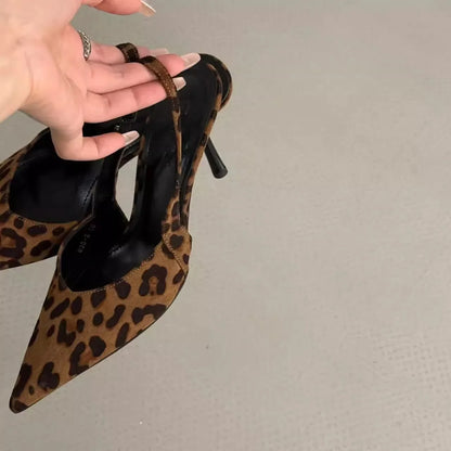 EtherealBe pointed toe slingback pumps for women in leopard print design with elegant high heels