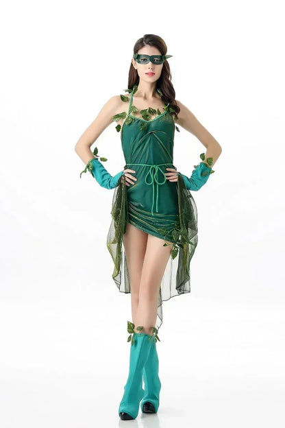 EtherealBe poison ivy costume for women featuring a green dress with leaf accents and matching accessories