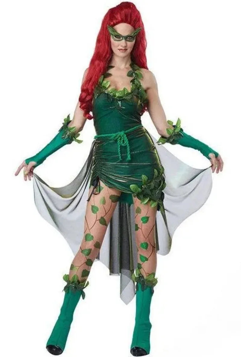EtherealBe poison ivy costume for women featuring a green dress with leaf details and matching accessories