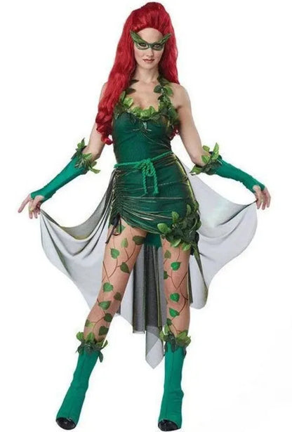 EtherealBe poison ivy costume for women featuring a green dress with leaf details and matching accessories