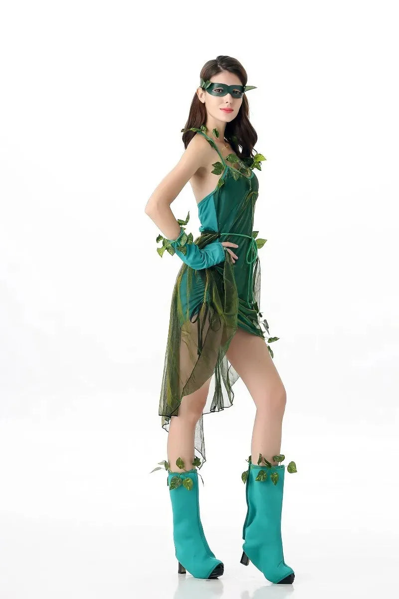 EtherealBe Poison Ivy costume for women featuring a green dress with leaves and matching accessories