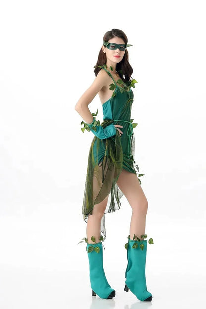 EtherealBe Poison Ivy costume for women featuring a green dress with leaves and matching accessories