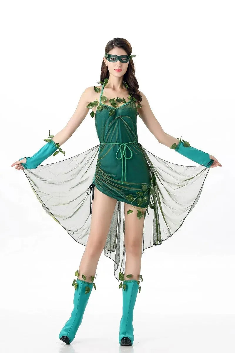 EtherealBe Poison Ivy Costume for Women featuring a green dress with leafy accents and matching accessories