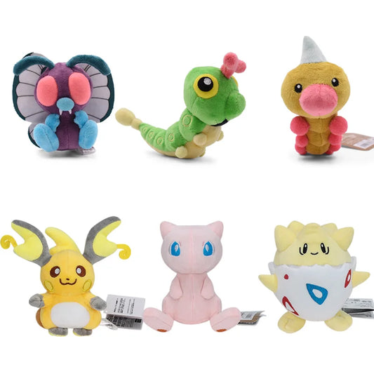 Colorful collection of Pokemon soft plush toys for kids including Caterpie, Psyduck, and Mew
