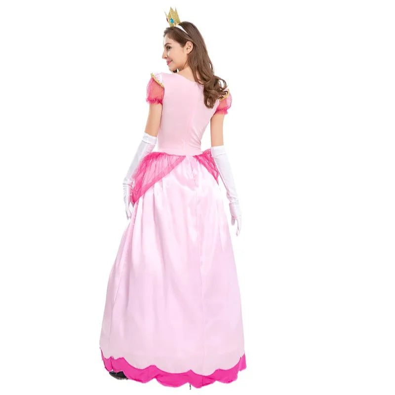 Back view of Princess Peach costume for women with pink dress and crown detail