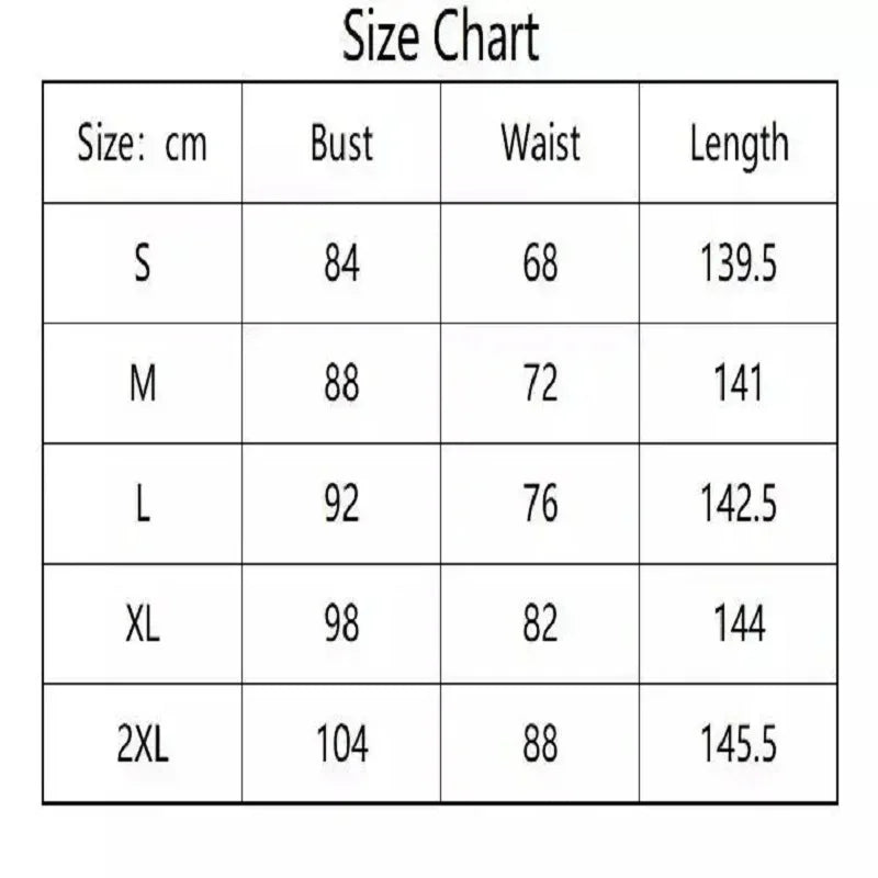 Size chart for Princess Peach costume for women showing measurements for different sizes