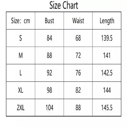 Size chart for Princess Peach costume for women showing measurements for different sizes