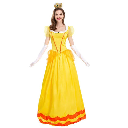 EtherealBe Princess Peach costume for women in yellow with puffy sleeves and a crown accessory