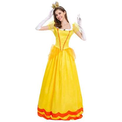 Elegant yellow Princess Peach costume for women with puff sleeves and a matching crown