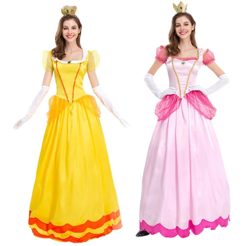 Two colorful Princess Peach costumes for women featuring a yellow and pink dress with matching crowns