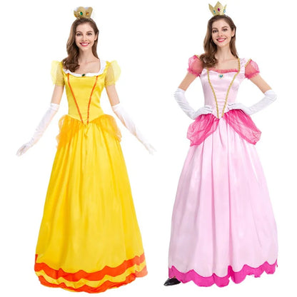 Two colorful Princess Peach costumes for women featuring a yellow and pink dress with matching crowns