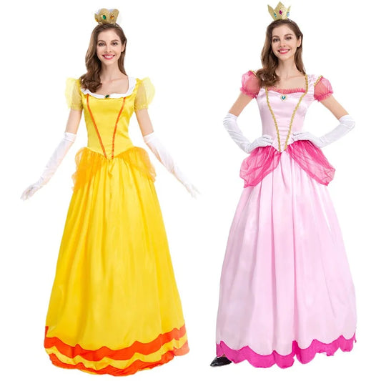 Two colorful Princess Peach costumes for women featuring a yellow and pink dress with matching crowns