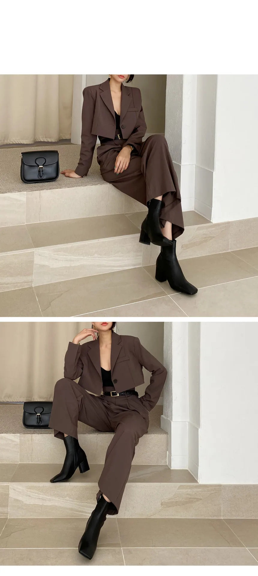 Elegant brown professional corporate attire for women featuring a chic blazer and tailored pants