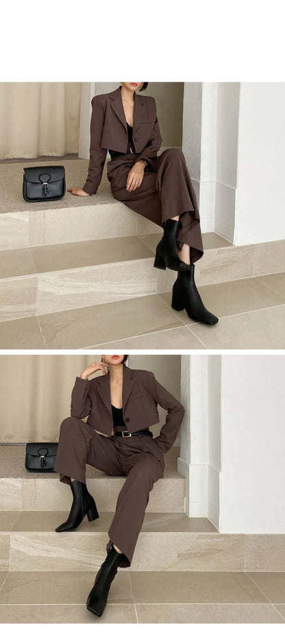 Elegant brown professional corporate attire for women featuring a chic blazer and tailored pants