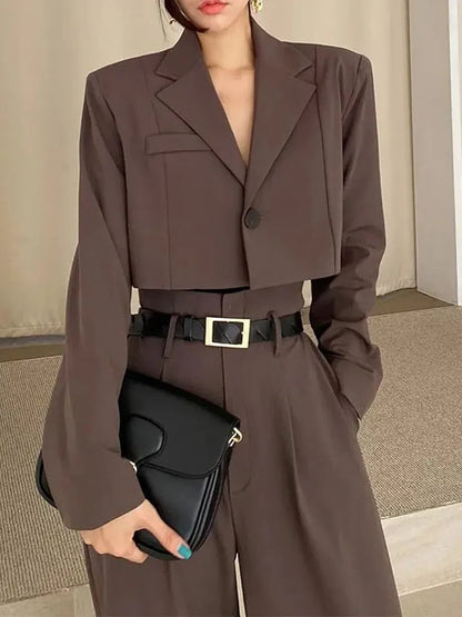 EtherealBe cropped brown blazer with tailored fit, showcasing professional corporate attire for women