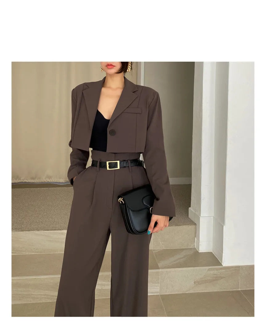 Chic brown cropped blazer and wide-leg pants styled as professional corporate attire for women