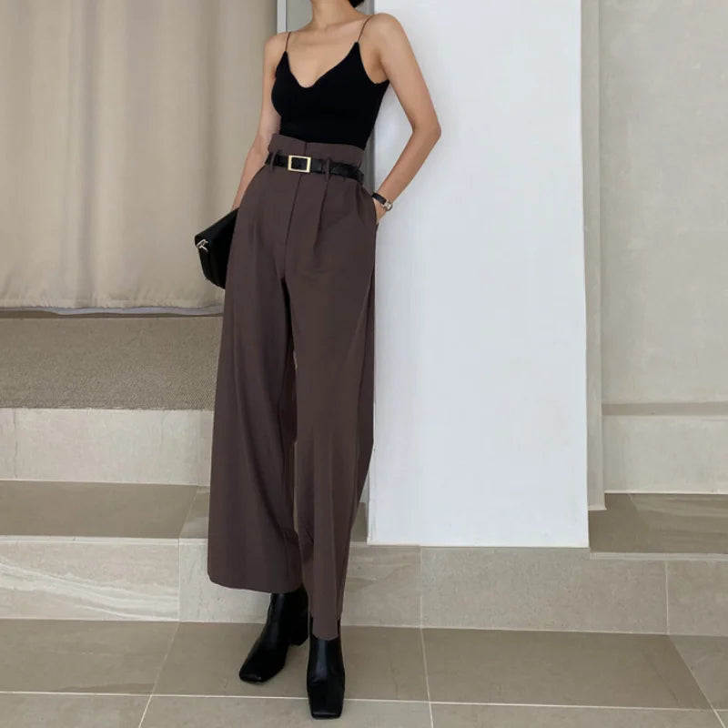 Chic brown wide-leg trousers paired with a black top, perfect for professional corporate attire for women