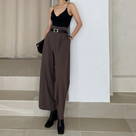 Chic brown wide-leg trousers paired with a black top, perfect for professional corporate attire for women