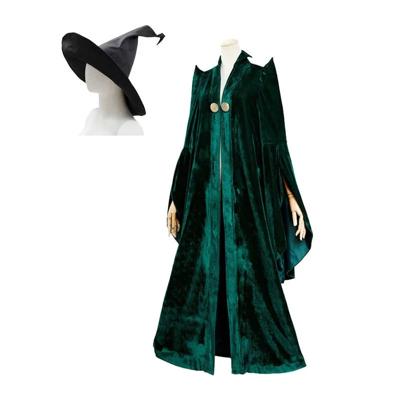 EtherealBe Professor McGonagall Hogwarts witchcraft costume featuring a green velvet cape and pointed hat
