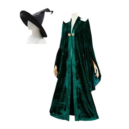 EtherealBe Professor McGonagall Hogwarts witchcraft costume featuring a green velvet cape and pointed hat